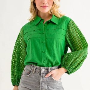 Ces Femme Plaid Mesh Sleeve Shirt Green Top